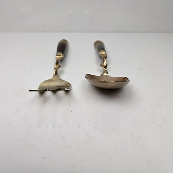 Vintage Large Serving Fork & Spoon Buddha Bronze Brass Rosewood Siam Thailand 10 - Picture 6 of 11